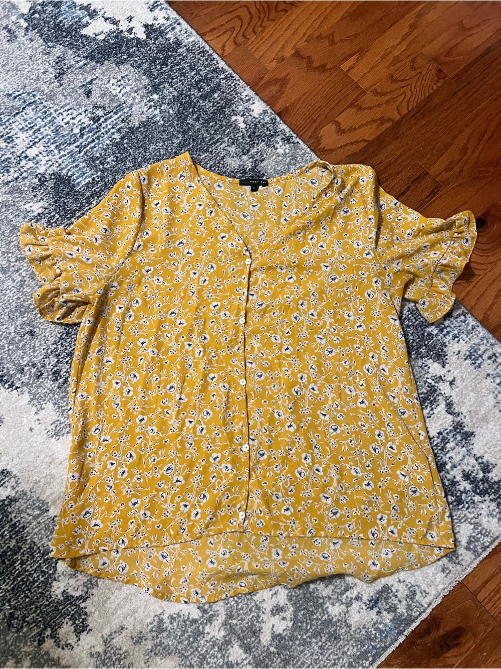 West Kei Yellow Floral Clabon Ruffle Sleeve Blouse